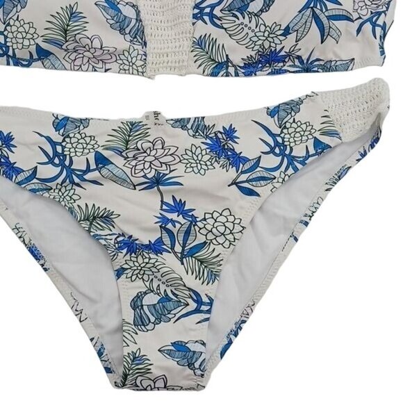 Cupshe Bikini Blue White Floral Palm Tropical Cheeky Gal Halter Womens Size 2XL - Picture 2 of 6